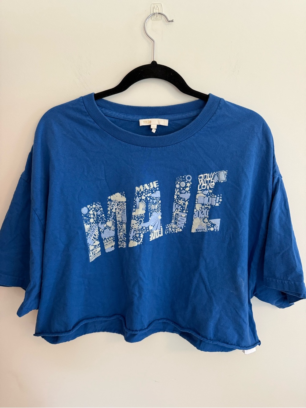 Maje Blue Cropped Graphic Tee with White Print